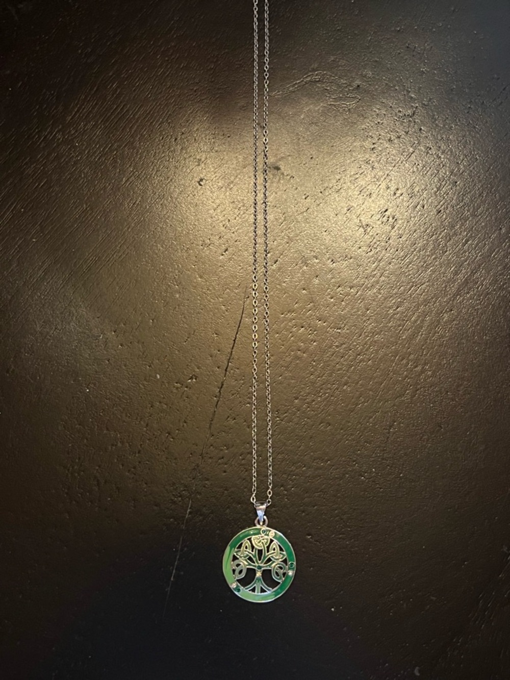 Silver Tone Tree of Life Pendant Necklace with Green Inlay Celtic